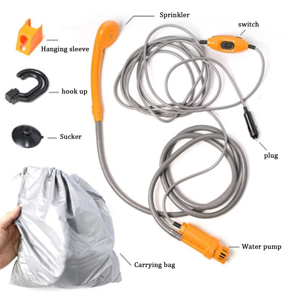 Portable Camping Shower 12V Pump Hiking Travel Outdoor Electric Bath Show with 20L Bucket Plant Watering Car Washer Pet Cleaning