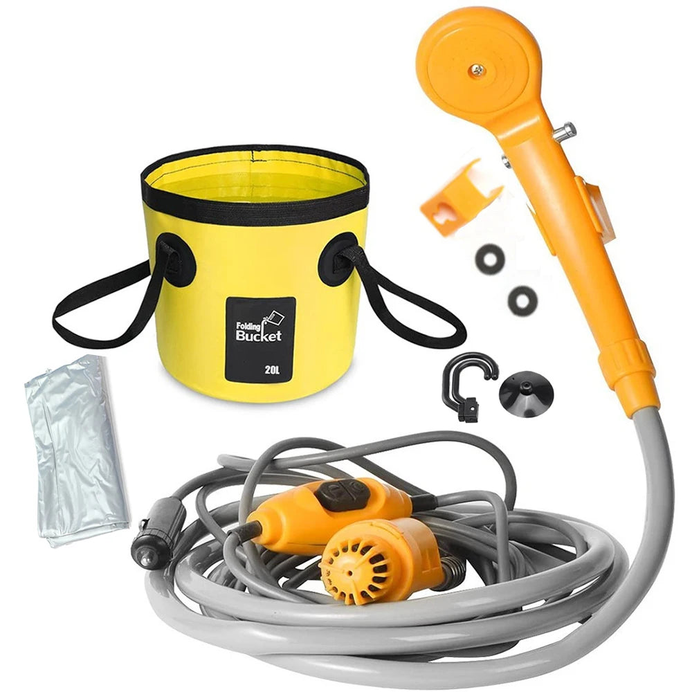 Portable Camping Shower 12V Pump Hiking Travel Outdoor Electric Bath Show with 20L Bucket Plant Watering Car Washer Pet Cleaning
