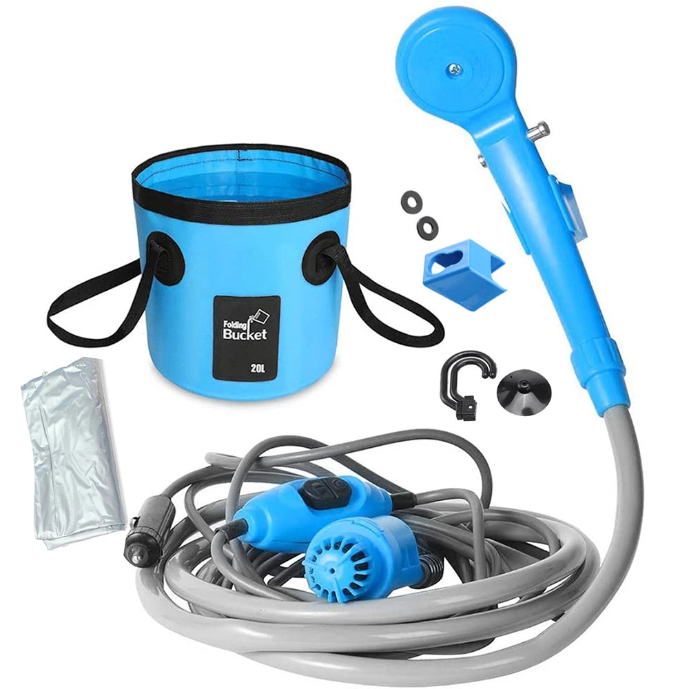 Portable Camping Shower 12V Pump Hiking Travel Outdoor Electric Bath Show with 20L Bucket Plant Watering Car Washer Pet Cleaning