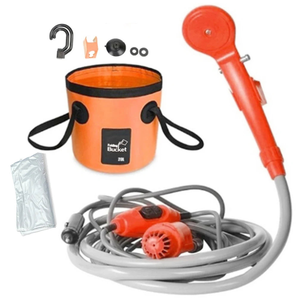 Portable Camping Shower 12V Pump Hiking Travel Outdoor Electric Bath Show with 20L Bucket Plant Watering Car Washer Pet Cleaning