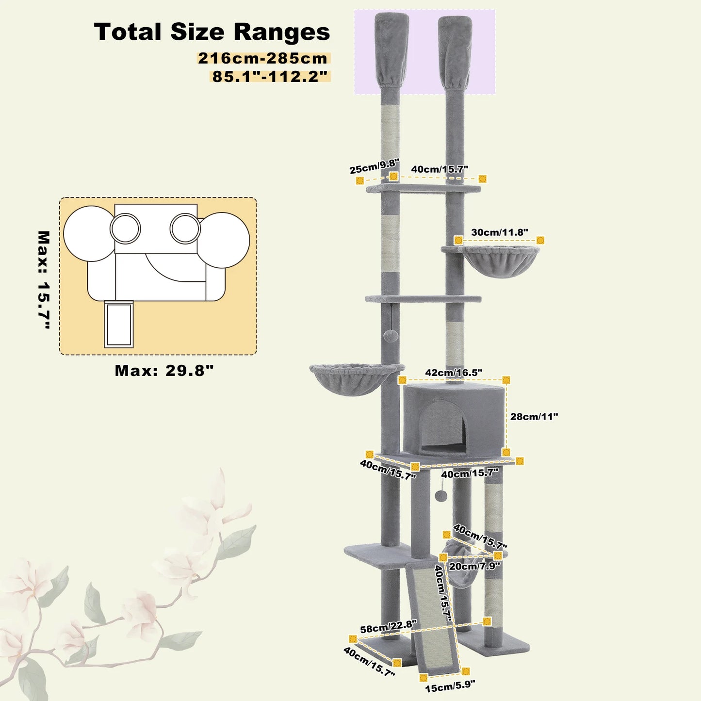 Floor to Ceiling Cat Tree with Sisal Scratching Posts Cozy Condo Hammock Adjustable Height Tall Cat Tower for Indoor Cat Toys