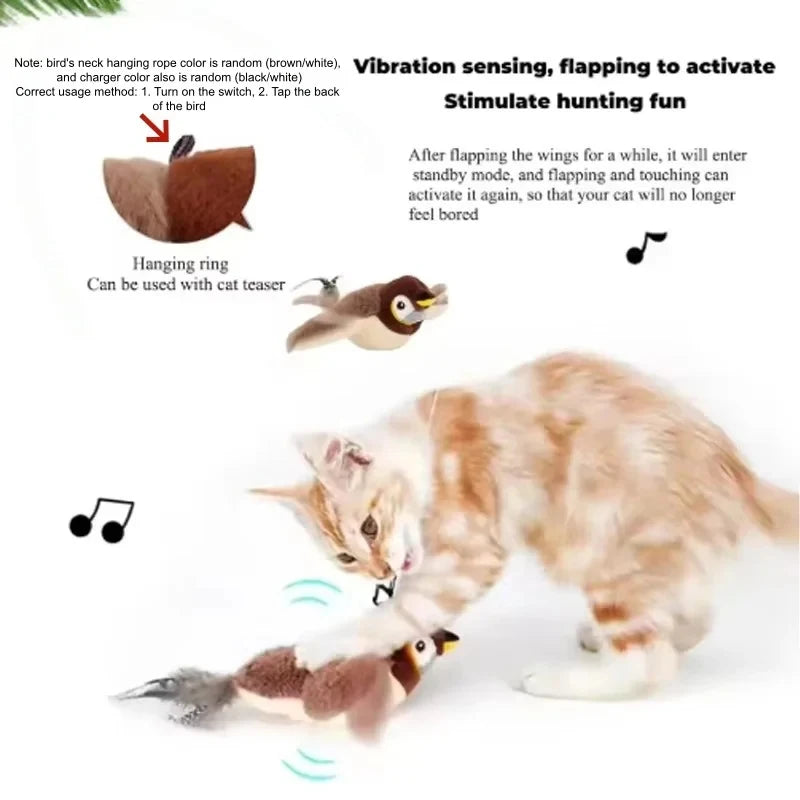 Rechargeable Electric Simulated Bird Pet Toy, Touch Activated Chirping Flapping (No Flying), Interactive Plush Toy for Cats Dogs