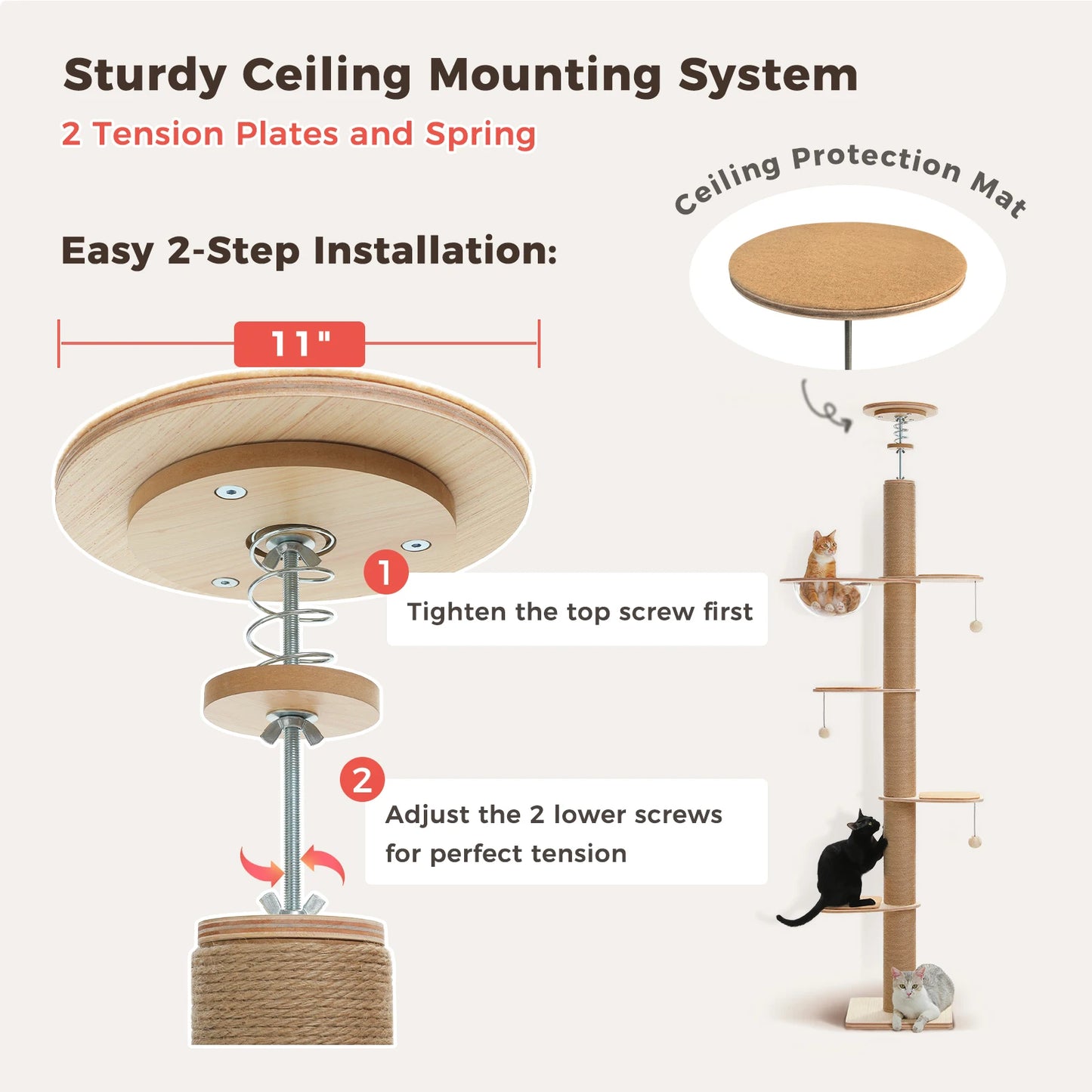 Floor to Ceiling Cat Tree for Indoor Cats Adjustable Height Wooden Cat Tower with Thick Scratching Posts Acrylic Cave Cat Toys