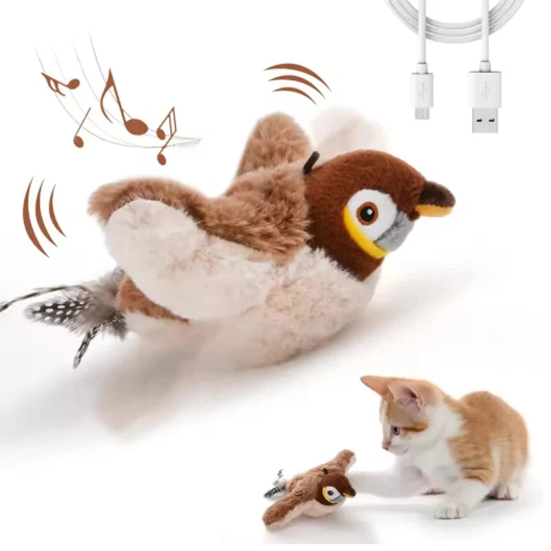 Rechargeable Electric Simulated Bird Pet Toy, Touch Activated Chirping Flapping (No Flying), Interactive Plush Toy for Cats Dogs