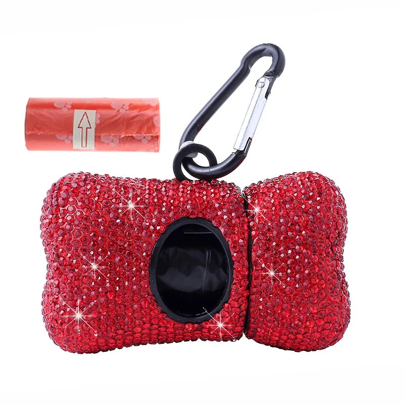 Rhinestone Pet Traction Rope Dog Garbage Bag Dispenser Bone Shaped Portable Pet Cleaning Supplies Retractable Dog Walking Rope