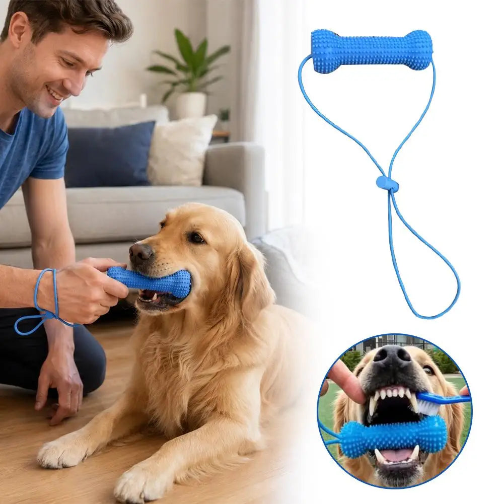 Dog Teeth Cleaning Chew Toy With Pull Strap Bone Shaped Rubber Toothbrush Adjustable Rope Bite Resistant Puppy Oral Care Toy