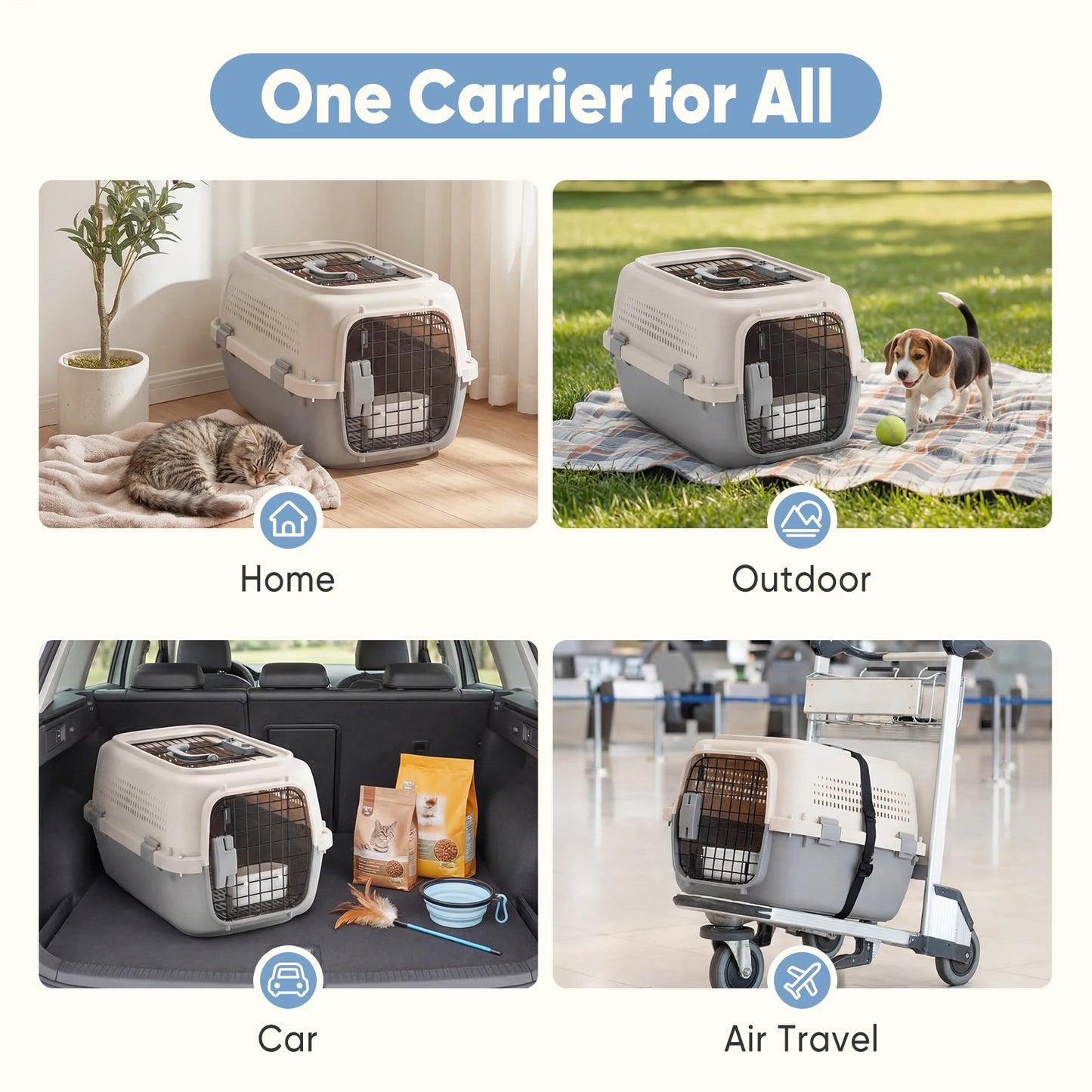 JHK 23Inch Pet Carrier for Small Dogs Cats  Front Top Load Wire Door Food Bowl Travel Crate with Enhanced Security Latchesfor