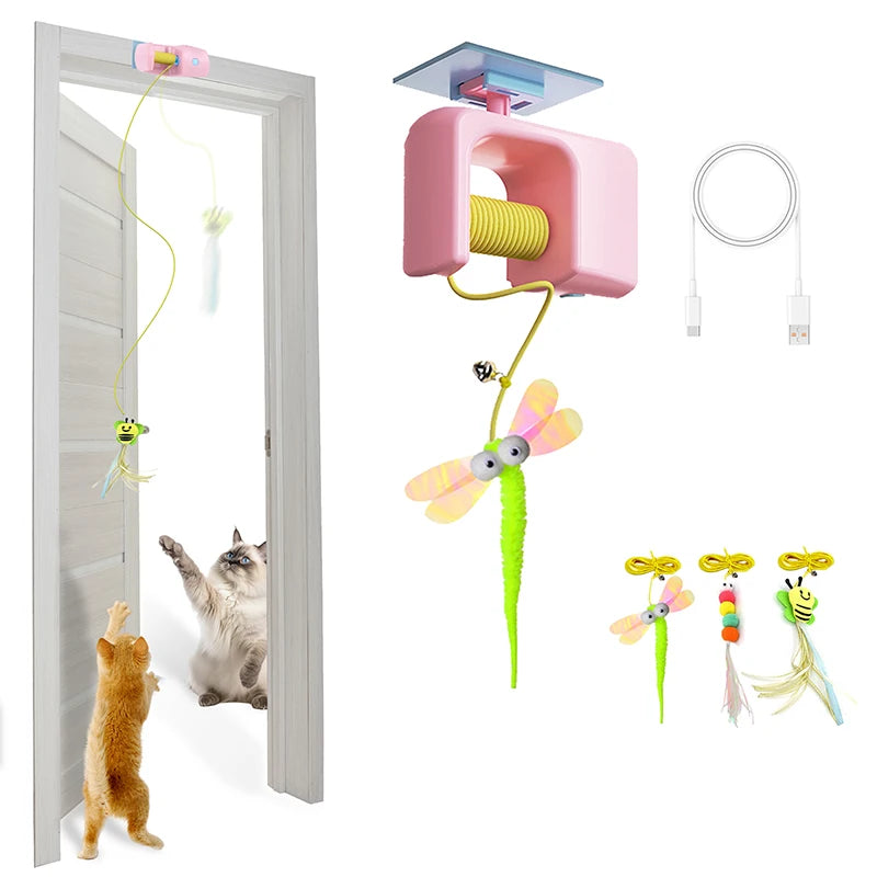 BOOTEELY Interactive Hanging Cat Retractable String RechargeableToys for Indoor Kittens and Bored Adult with 3 Flying Feathers