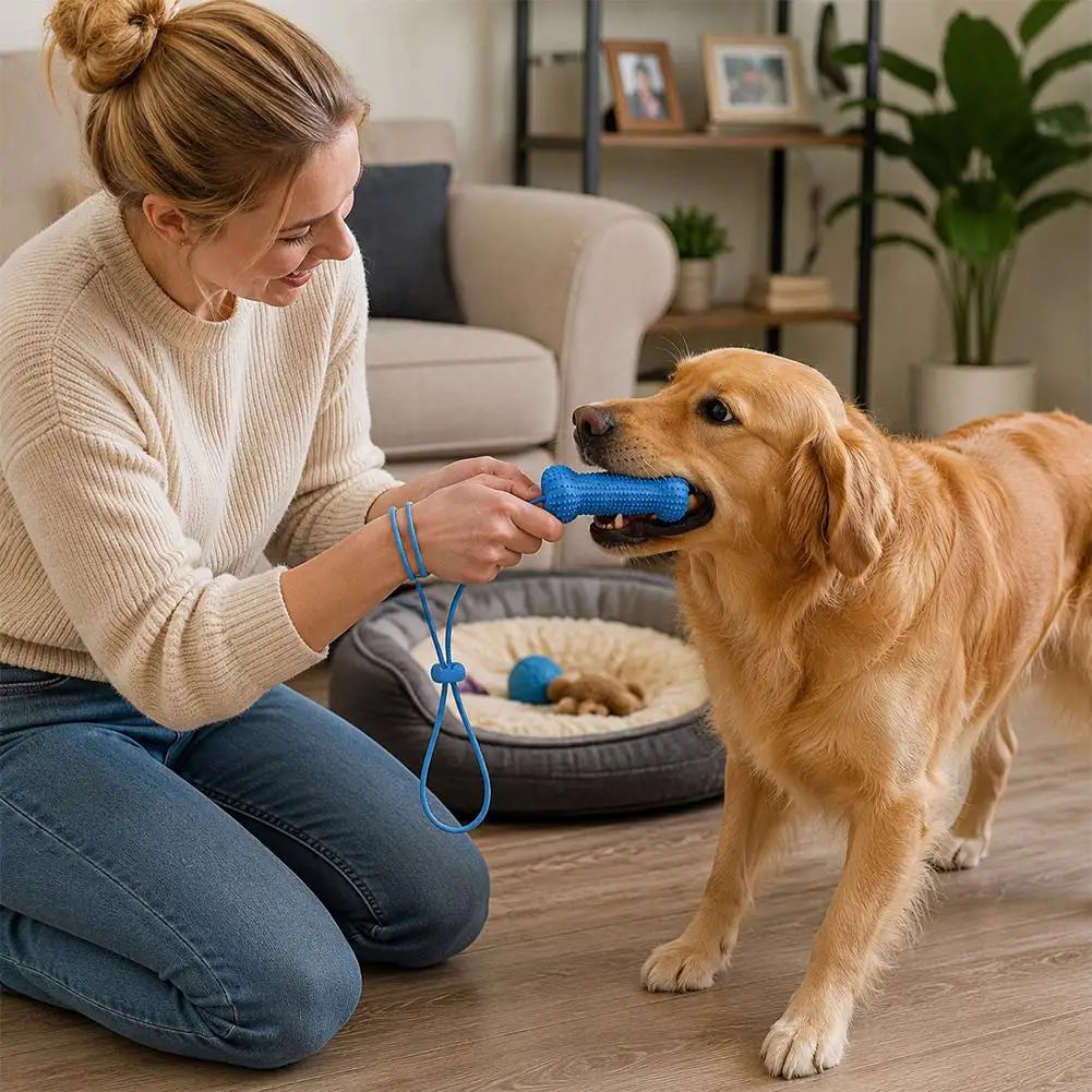 Dog Teeth Cleaning Chew Toy With Pull Strap Bone Shaped Rubber Toothbrush Adjustable Rope Bite Resistant Puppy Oral Care Toy