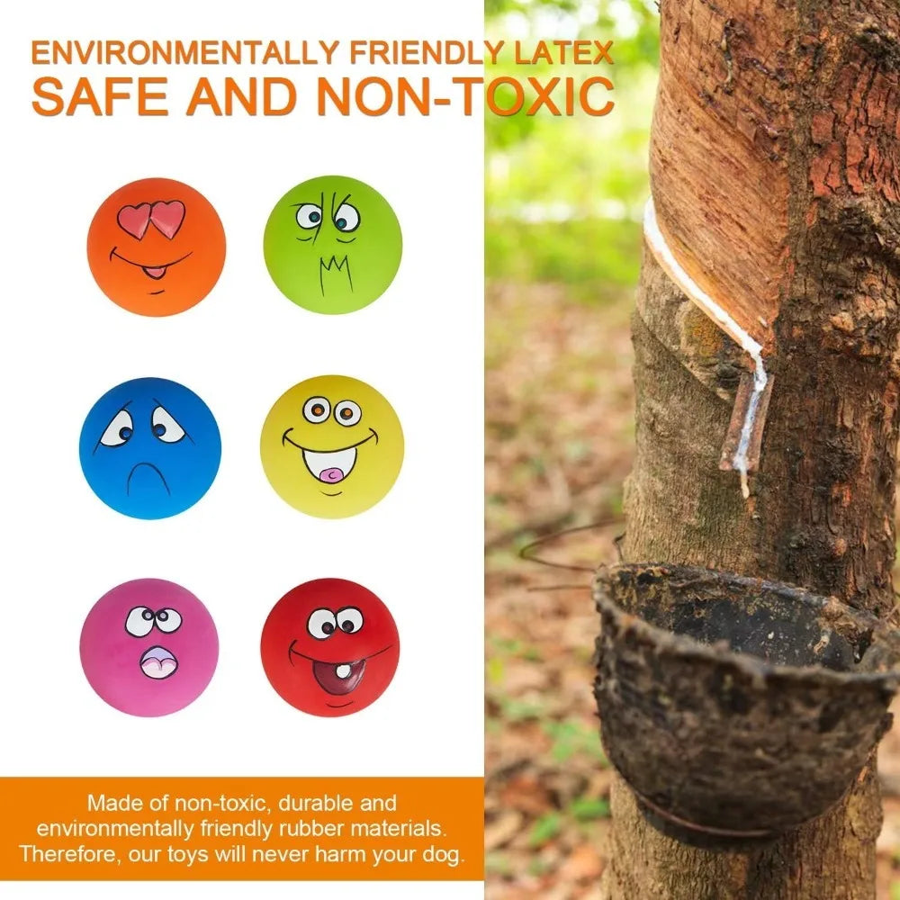 6 Pack Non-Toxic Squeaky Latex Dog Toys, Cute Emoji Dog Balls, Soft Interactive Chew Toys for Small Medium Dogs Puppies, Teeth C