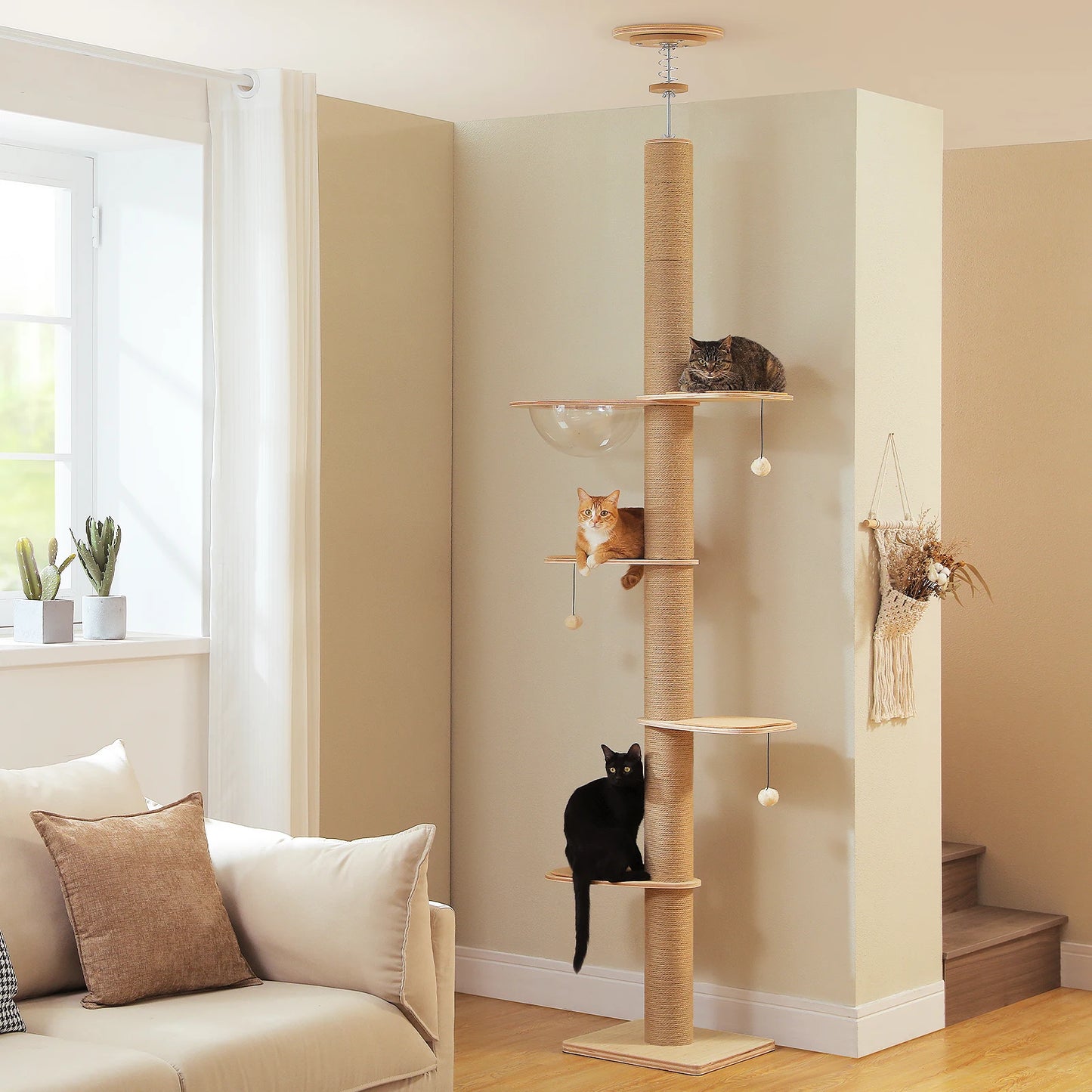 Floor to Ceiling Cat Tree for Indoor Cats Adjustable Height Wooden Cat Tower with Thick Scratching Posts Acrylic Cave Cat Toys