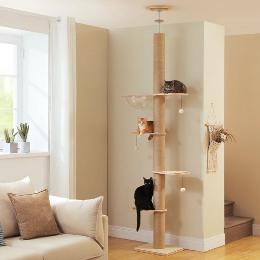 Floor to Ceiling Cat Tree for Indoor Cats Adjustable Height Wooden Cat Tower with Thick Scratching Posts Acrylic Cave Cat Toys