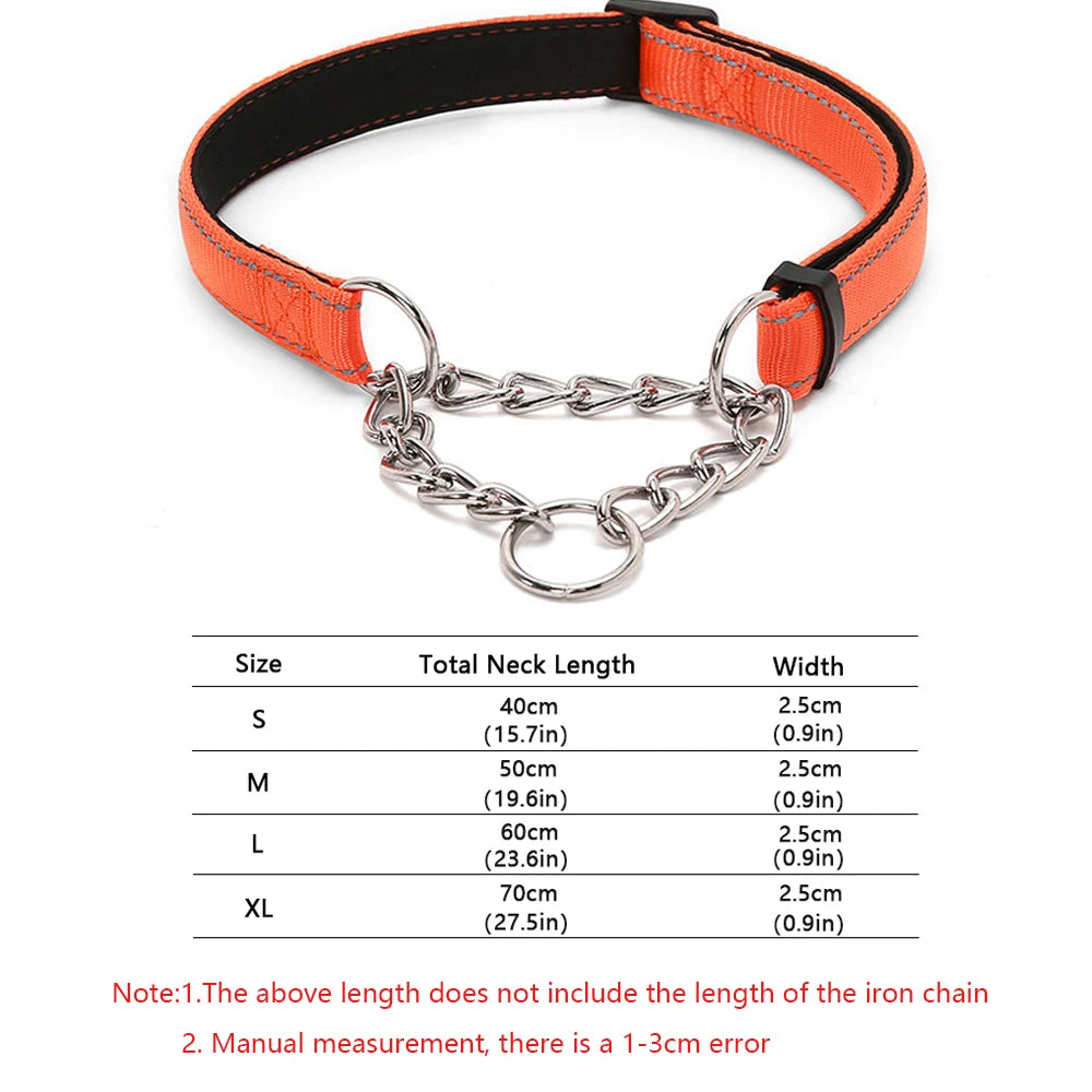Stainless Steel Chain Martingale Collar Adjustable Dog Chain Reflective Nylon Fabric Pet Collars For Small Medium Large Dogs
