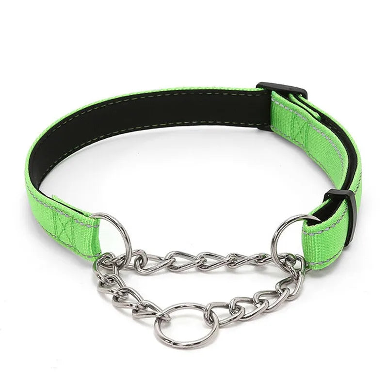 Stainless Steel Chain Martingale Collar Adjustable Dog Chain Reflective Nylon Fabric Pet Collars For Small Medium Large Dogs