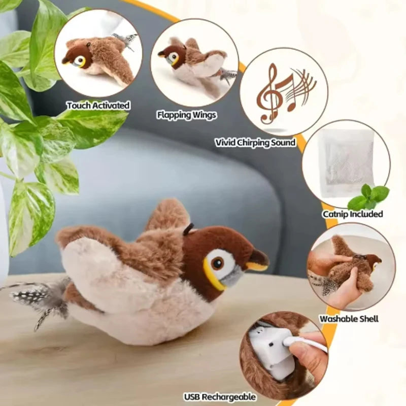 Rechargeable Electric Simulated Bird Pet Toy, Touch Activated Chirping Flapping (No Flying), Interactive Plush Toy for Cats Dogs