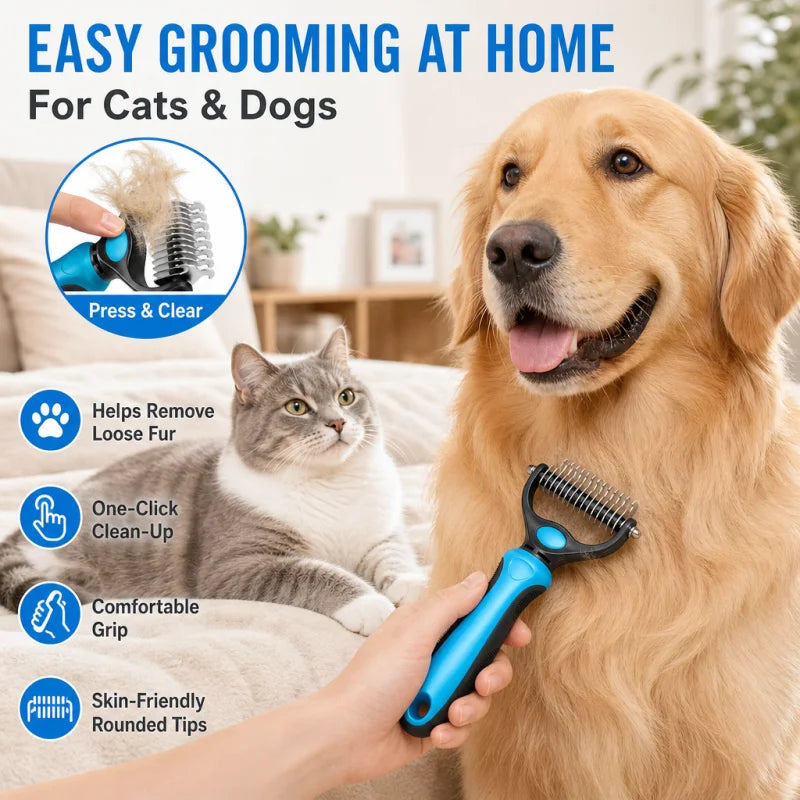Pet Dematting Comb for Dogs & Cats, Knot Remover Grooming Tool with Stainless Steel Blades, Detangling Brush for Matted Tangled Hair, Professional Pet Grooming Rake for Long Haired Pets