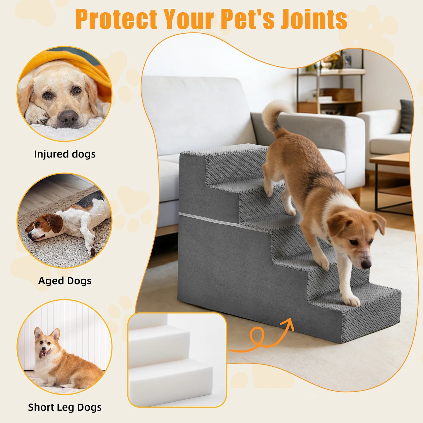 JHK 3-5 Step Right Angled Foam Dog Stairs Ramp for Small Dogs Climbing Ladder Indoor Non-Slip Pet Ladder Ramp Stairs For Home