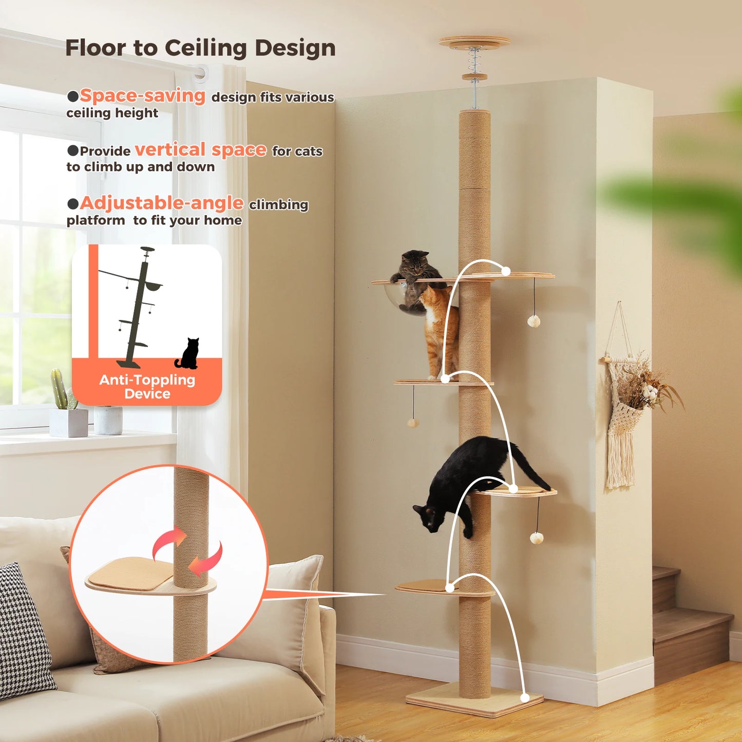 Floor to Ceiling Cat Tree for Indoor Cats Adjustable Height Wooden Cat Tower with Thick Scratching Posts Acrylic Cave Cat Toys