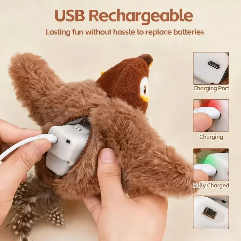 Rechargeable Electric Simulated Bird Pet Toy, Touch Activated Chirping Flapping (No Flying), Interactive Plush Toy for Cats Dogs