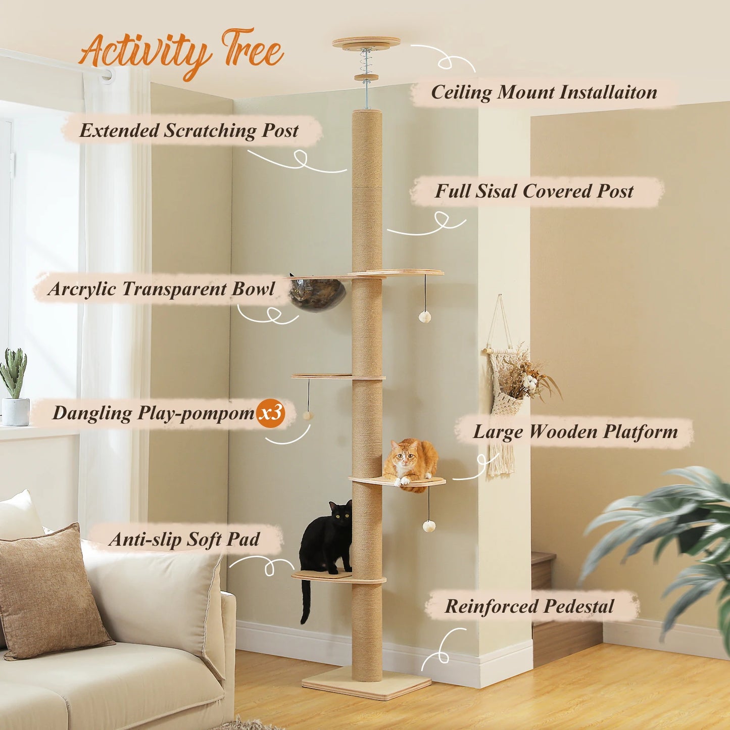 Floor to Ceiling Cat Tree for Indoor Cats Adjustable Height Wooden Cat Tower with Thick Scratching Posts Acrylic Cave Cat Toys