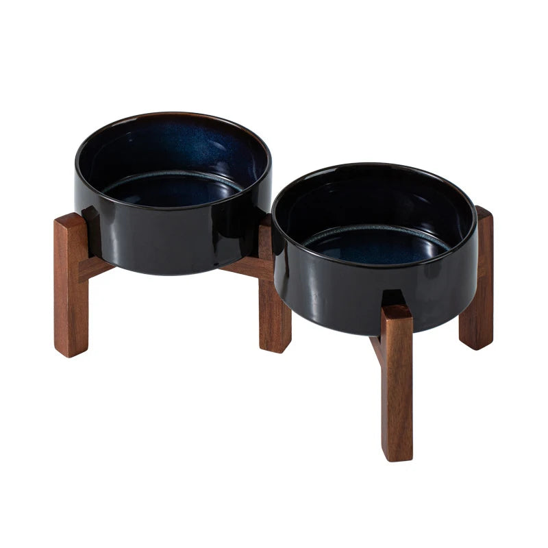 1800ml Large Ceramic Pet Bowls with Wooden Stand – Double Elevated Raised Big Dog Feeding Dishes Non Slip Cat Bowls