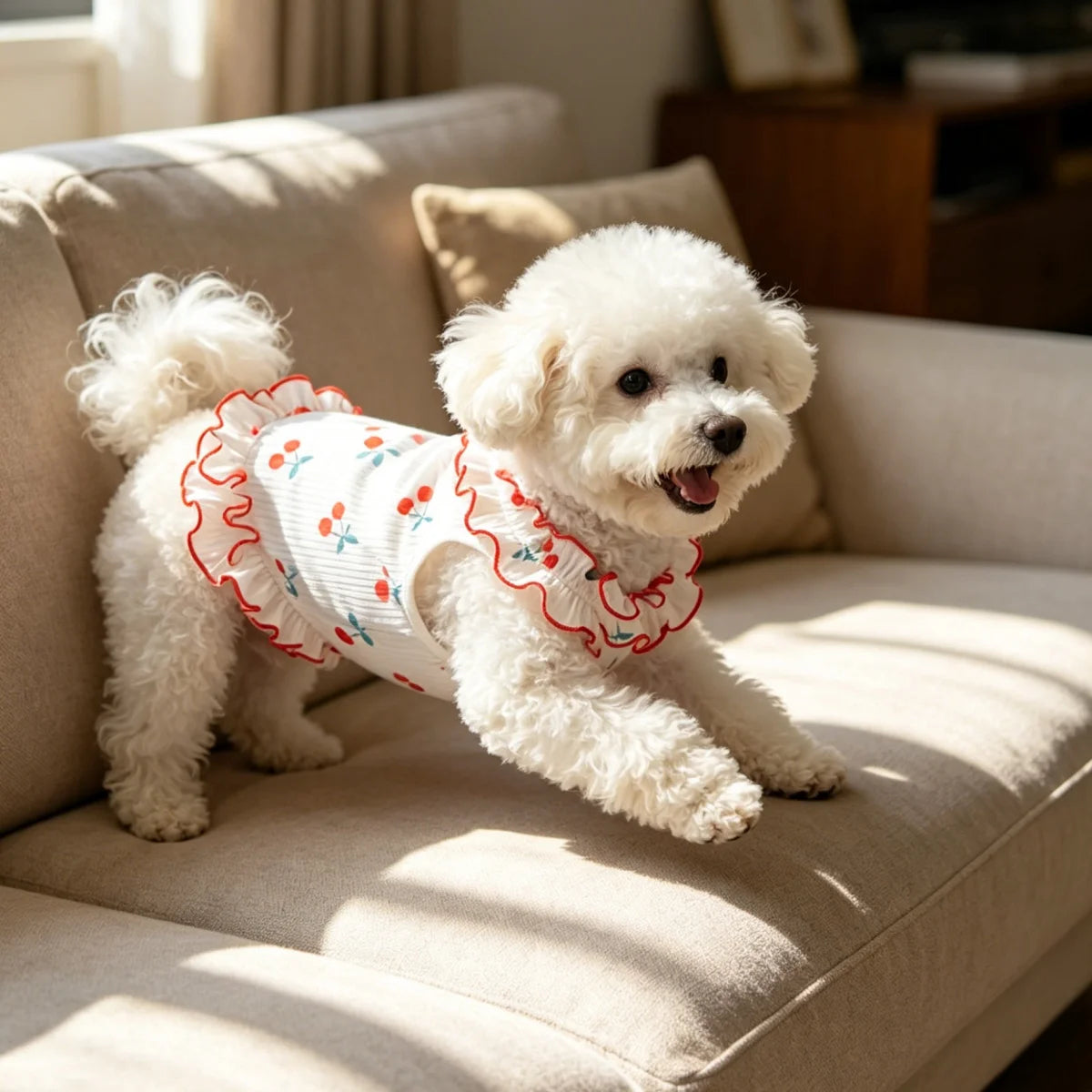 1PC Fashion Cute Cherry Ruffle Pet Dress for Small Dogs, Comfortable Anti-Static Dog Skirt Summer Clothes