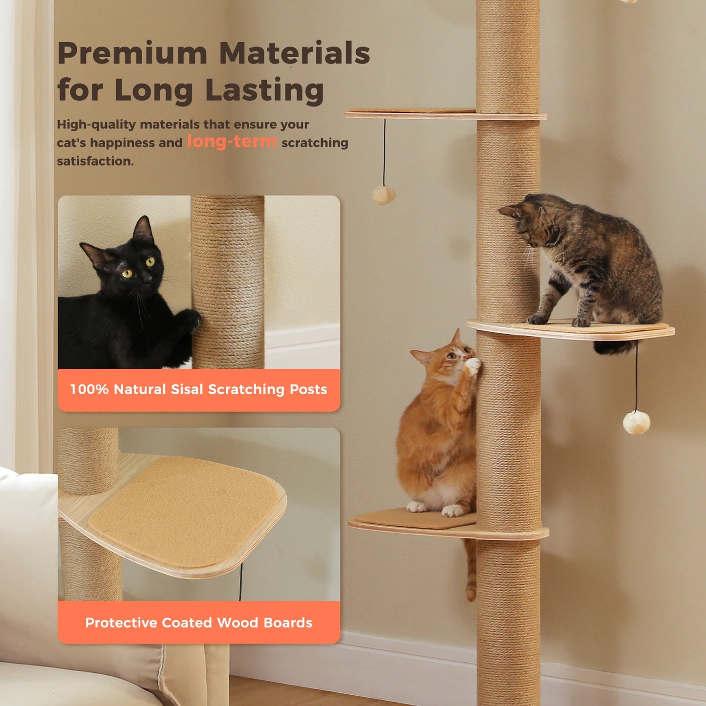 Floor to Ceiling Cat Tree for Indoor Cats Adjustable Height Wooden Cat Tower with Thick Scratching Posts Acrylic Cave Cat Toys