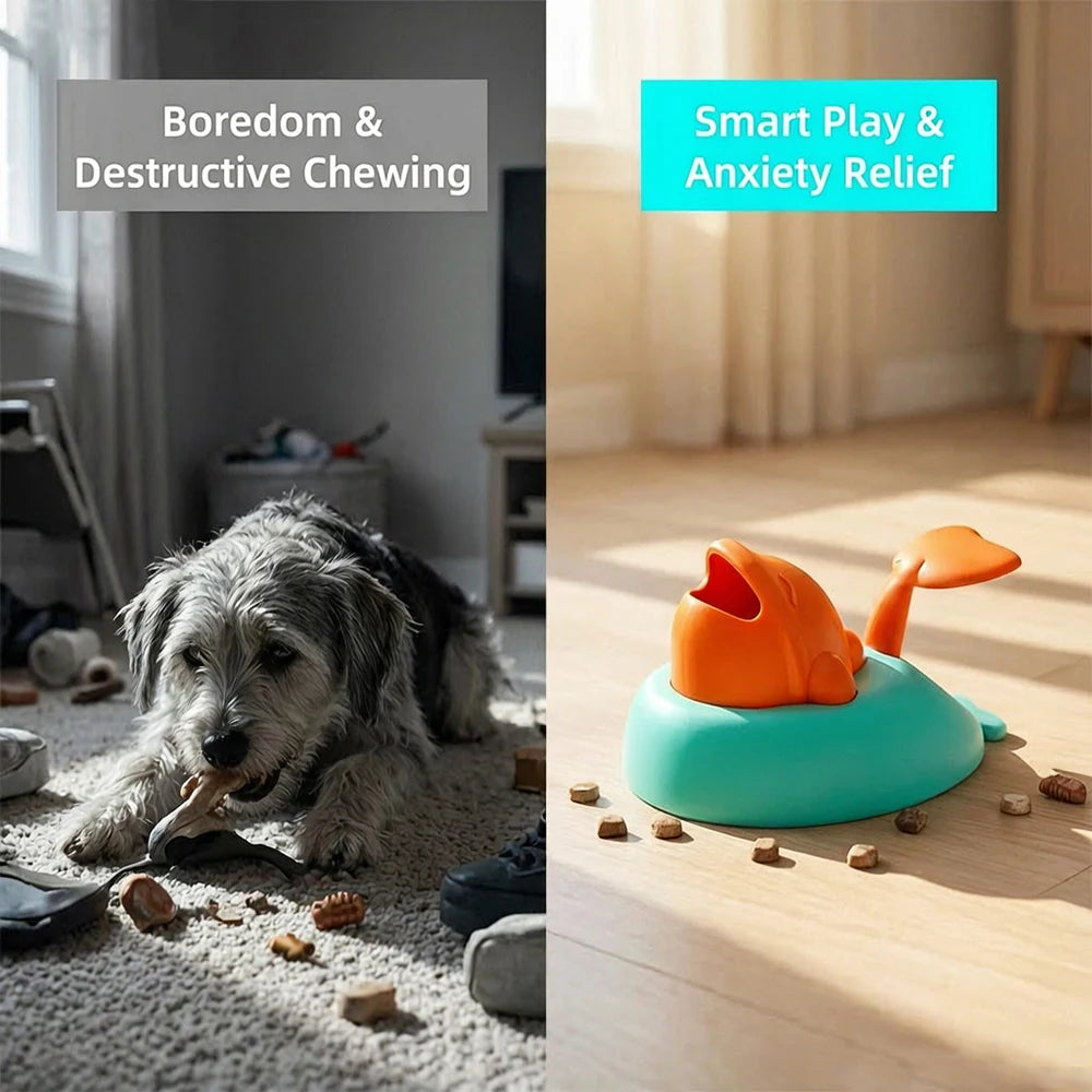 Dog Cat Interactive Food Toy Puzzle Press-to-Dispense Whale Shaped Slow Feeder Boredom Buster Training Reward Dispenser for Pets