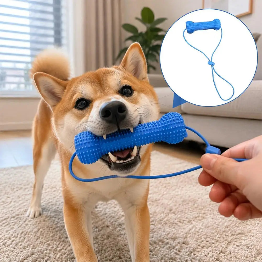 Dog Teeth Cleaning Chew Toy With Pull Strap Bone Shaped Rubber Toothbrush Adjustable Rope Bite Resistant Puppy Oral Care Toy
