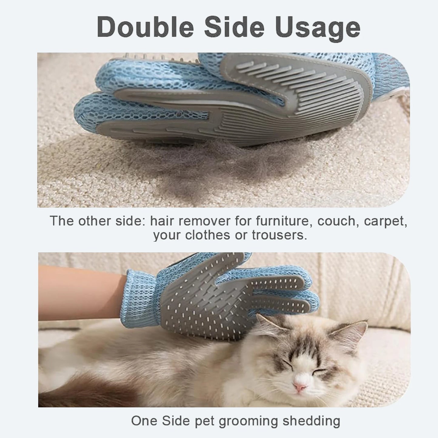 2-in-1 Pet Grooming Glove – Double-Sided Deshedding & Massage Brush for Cats/Dogs, Removes Loose Hair from Fur & Furniture, Ultra-Soft Easy-Clean Mitt（single glove）