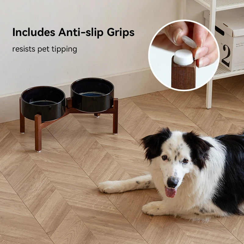 1800ml Large Ceramic Pet Bowls with Wooden Stand – Double Elevated Raised Big Dog Feeding Dishes Non Slip Cat Bowls
