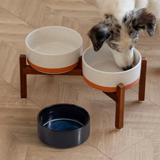 1800ml Large Ceramic Pet Bowls with Wooden Stand – Double Elevated Raised Big Dog Feeding Dishes Non Slip Cat Bowls