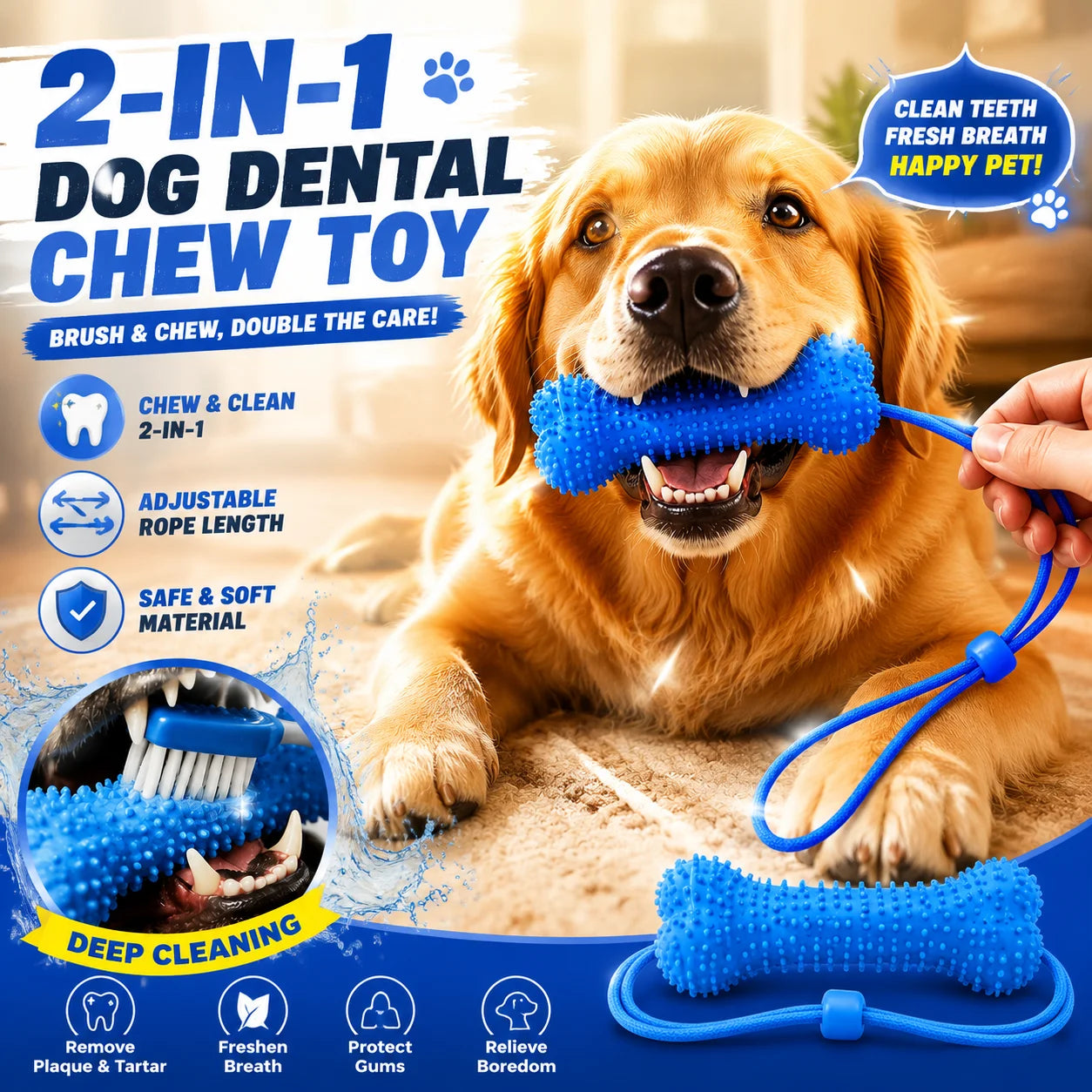 Dog Teeth Cleaning Chew Toy With Pull Strap Bone Shaped Rubber Toothbrush Adjustable Rope Bite Resistant Puppy Oral Care Toy