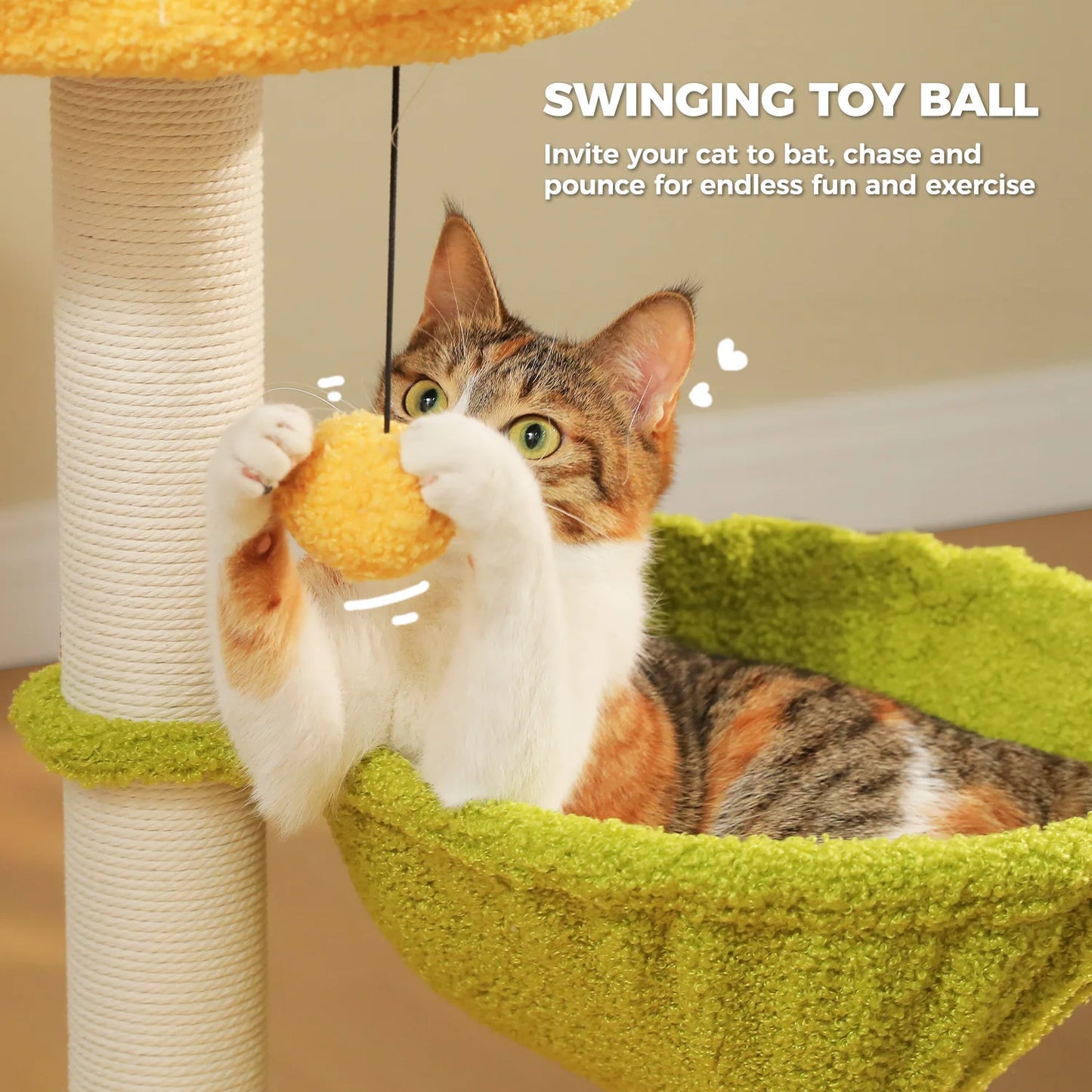 Flower Cat Tree with 2 Cozy Hammocks Sisal Scratching Posts Soft Top Perch Small Cat Tower for Indoor Kitty Cat Furniture Cat Toys