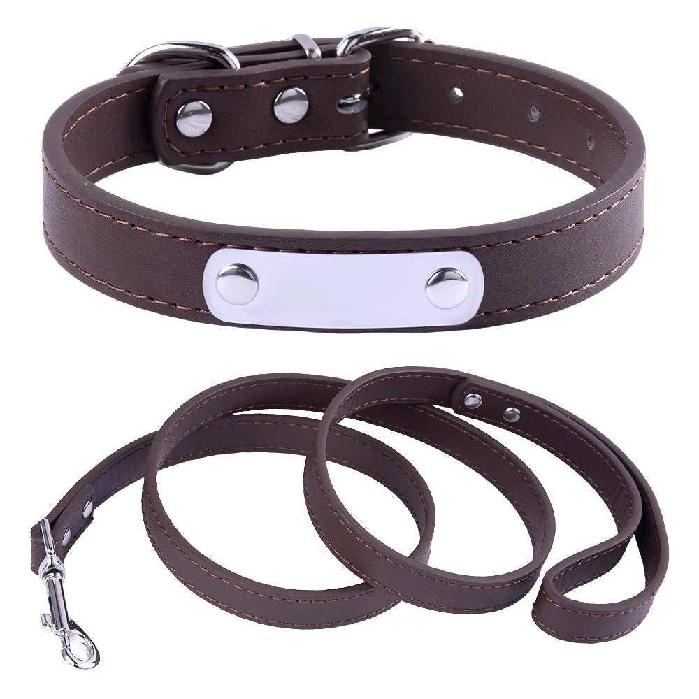 Custom Leather Dog Collar Leash Personalized Pet Collars and Leash Set Durable Leather Collar Lead for Small Medium Large Dogs