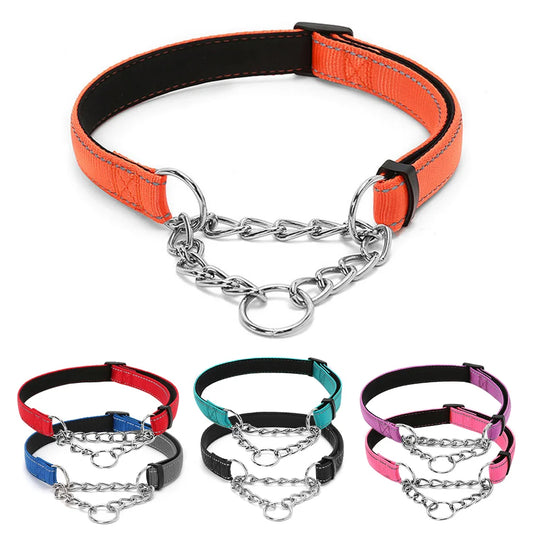 Stainless Steel Chain Martingale Collar Adjustable Dog Chain Reflective Nylon Fabric Pet Collars For Small Medium Large Dogs