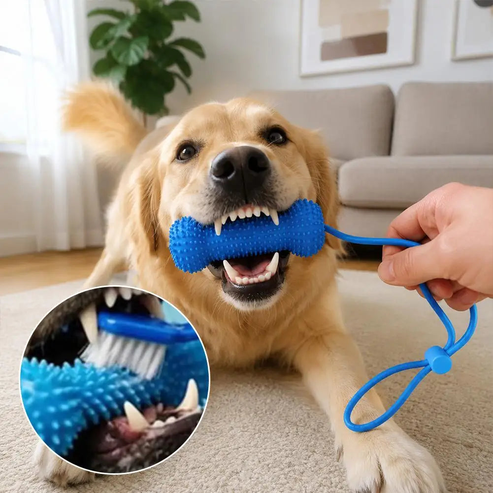 Dog Teeth Cleaning Chew Toy With Pull Strap Bone Shaped Rubber Toothbrush Adjustable Rope Bite Resistant Puppy Oral Care Toy