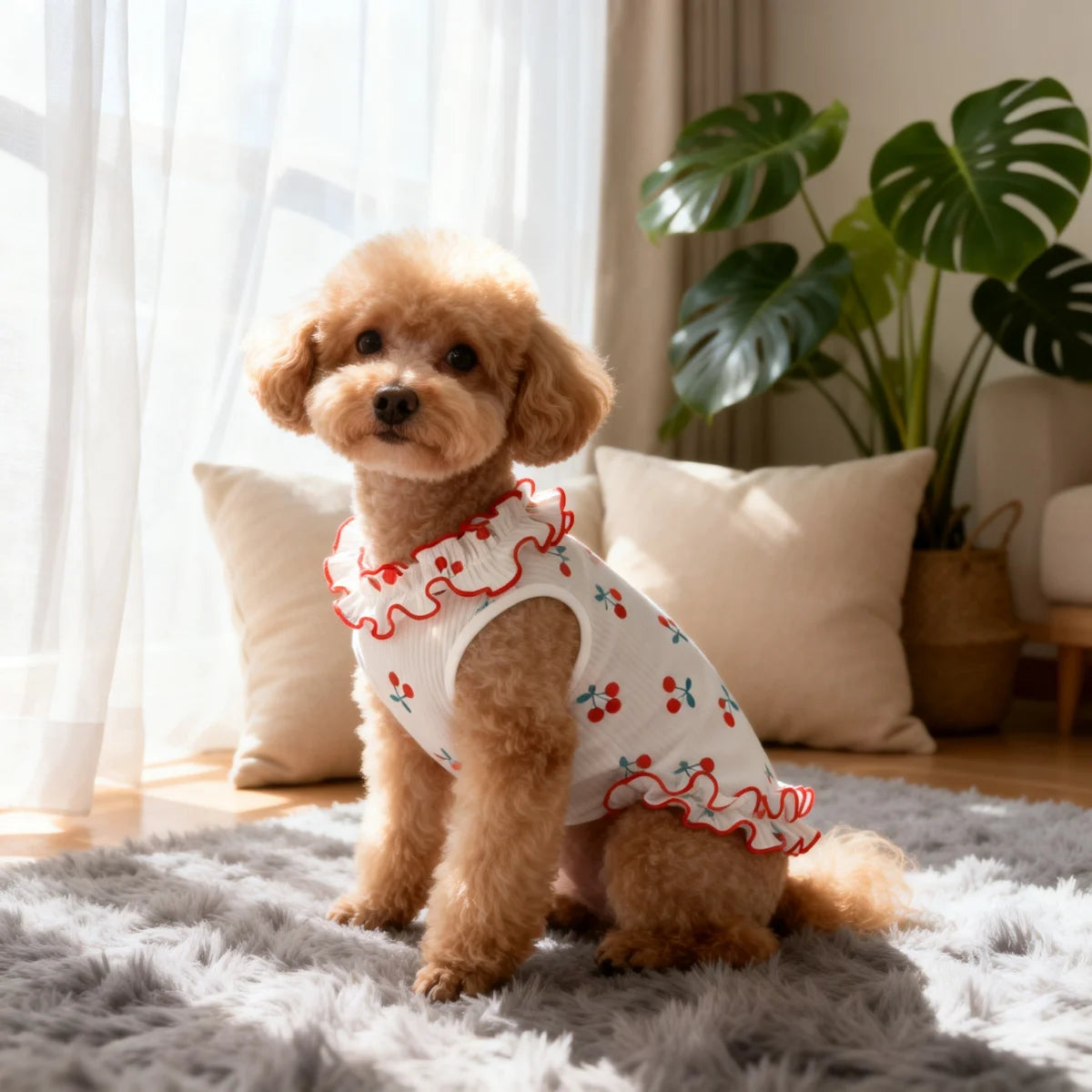 1PC Fashion Cute Cherry Ruffle Pet Dress for Small Dogs, Comfortable Anti-Static Dog Skirt Summer Clothes