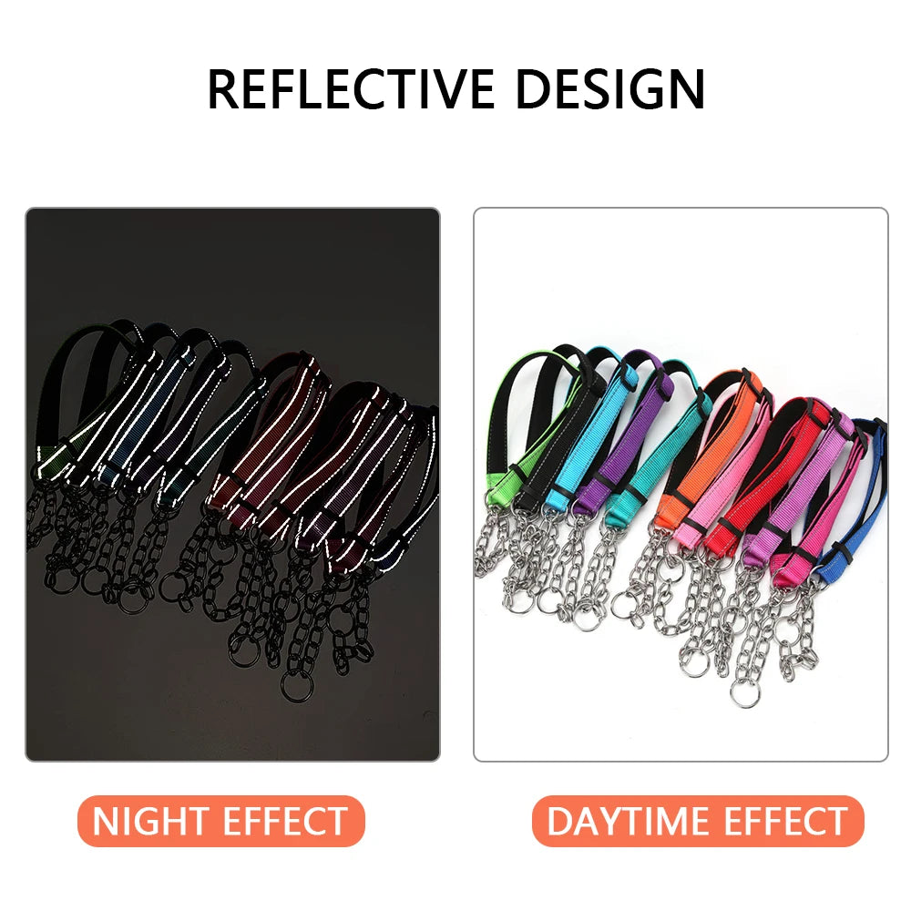 Stainless Steel Chain Martingale Collar Adjustable Dog Chain Reflective Nylon Fabric Pet Collars For Small Medium Large Dogs