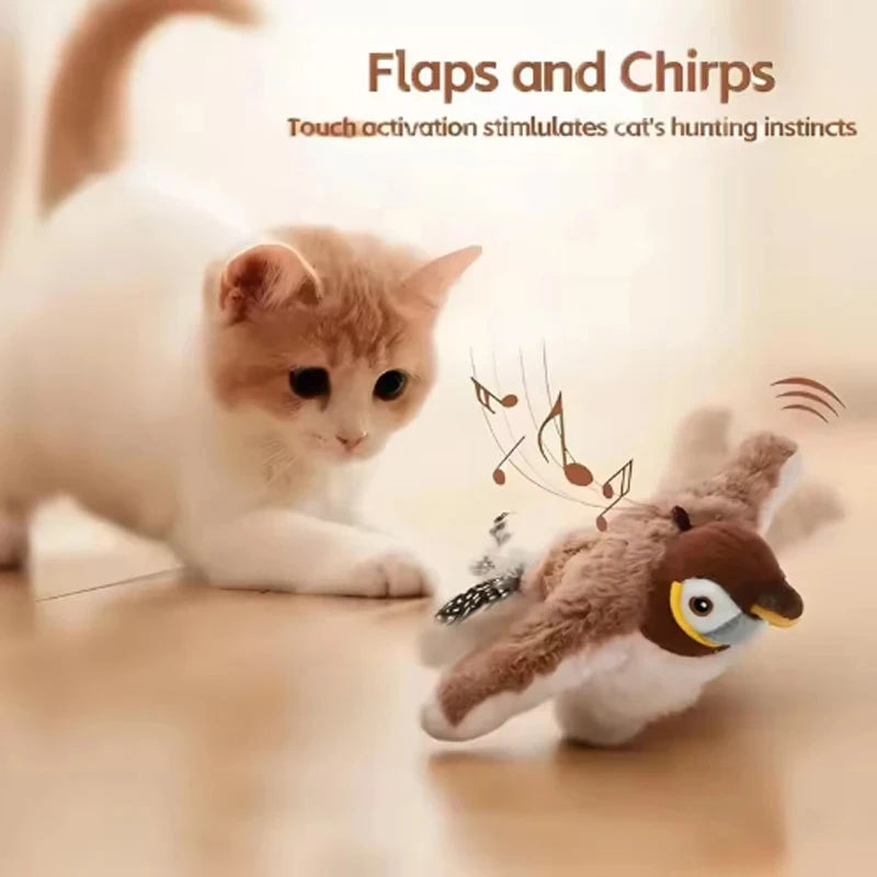 Rechargeable Electric Simulated Bird Pet Toy, Touch Activated Chirping Flapping (No Flying), Interactive Plush Toy for Cats Dogs