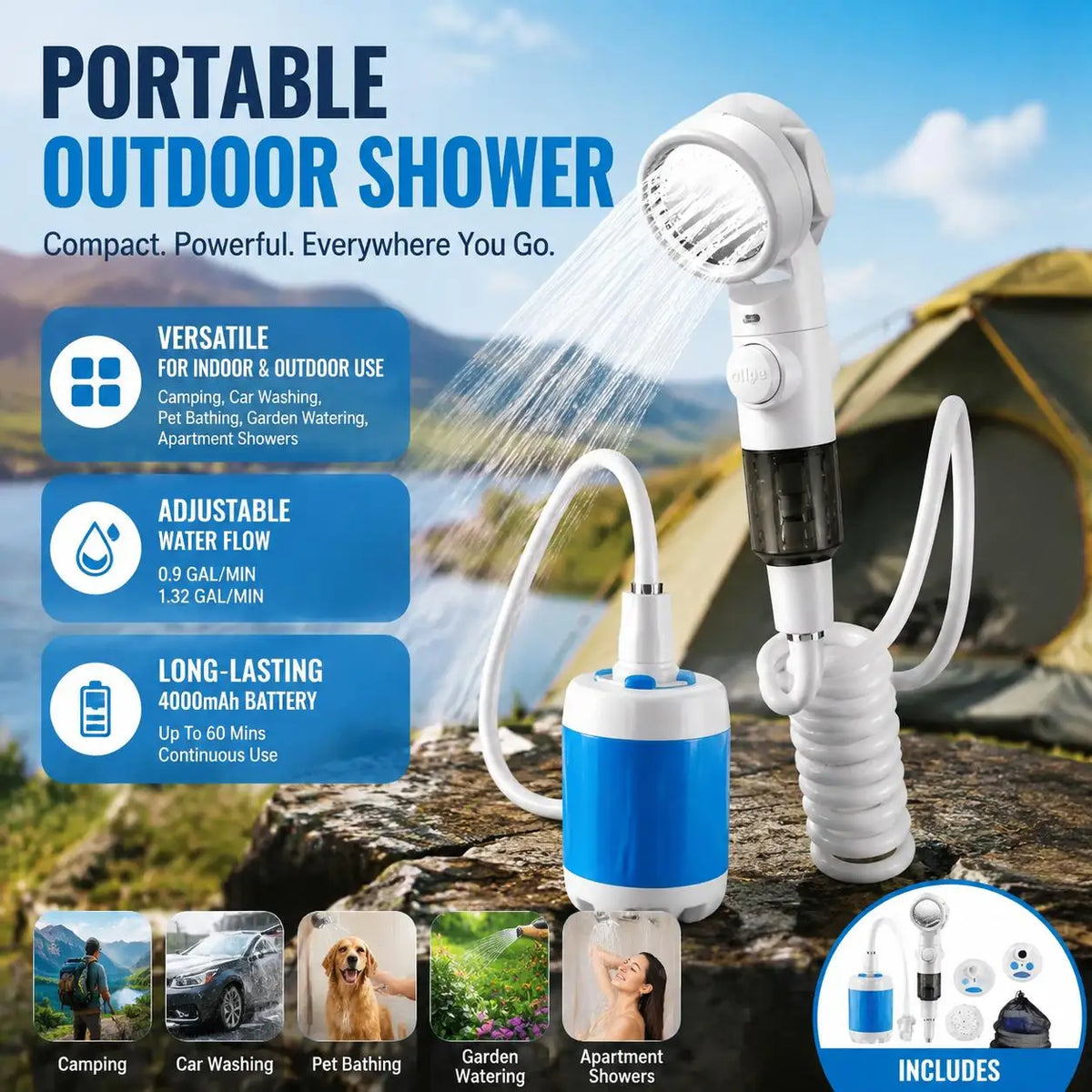 Outdoor Shower Portable Handheld Rechargeable Gentle Pet Bath Sprayer for Dogs and Cats Versatile Water Pump for Car Wash Garden Watering and Flower Care Cordless Low Energy Bath Grooming Equipment Kit
